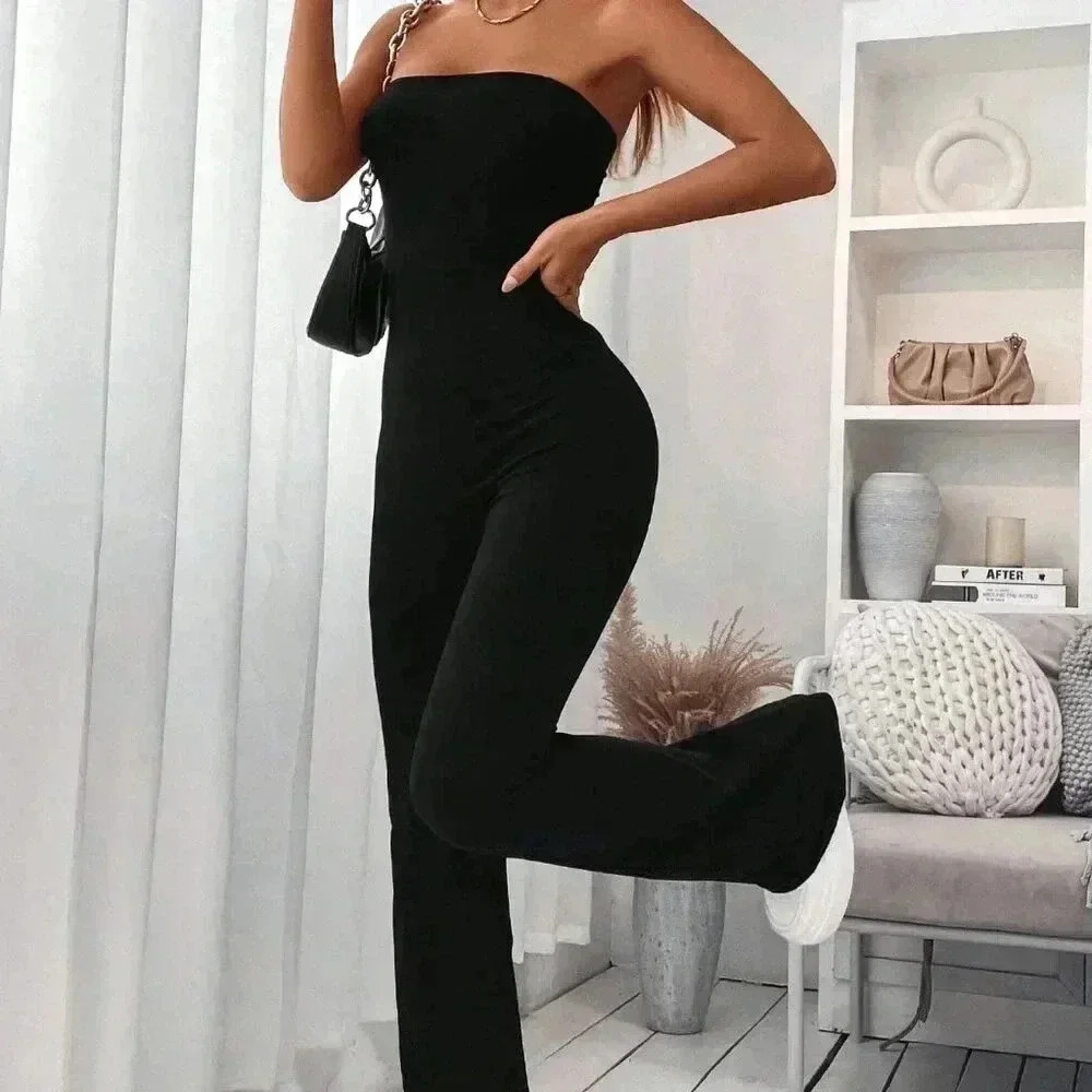 Black Casual Women's Solid Flare Leg Tube Jumpsuit